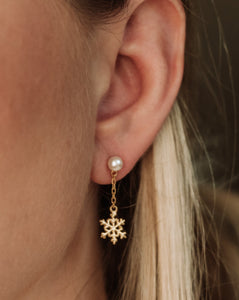 gold snowflake pearl dangle earrings for holidays and winter