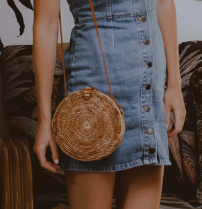 Vegan Leather Round Rattan Bag, Boho Wicker Purse, Bali Bag, Faux Leather Bag, Straw Circle Bag, Mothers Day Gift for Her