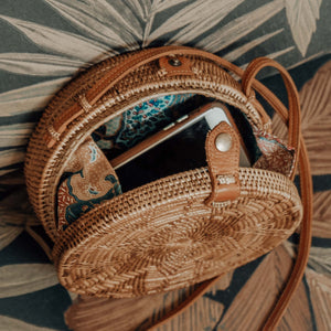 Vegan Leather Round Rattan Bag, Boho Wicker Purse, Bali Bag, Faux Leather Bag, Straw Circle Bag, Mothers Day Gift for Her