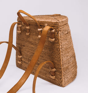 Rattan Mini Backpack, Straw Backpack, Wicker Purse, Bali Rattan Bag, Brown Leather Strap Backpack, Boho Straw Bag, Mothers Day Gifts for Her