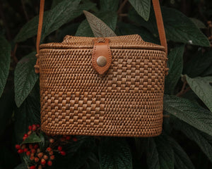 Flores Round Rattan Bag | Nomad Nextdoor | Handmade in Bali Vegan Leather / Flowerchild Yellow